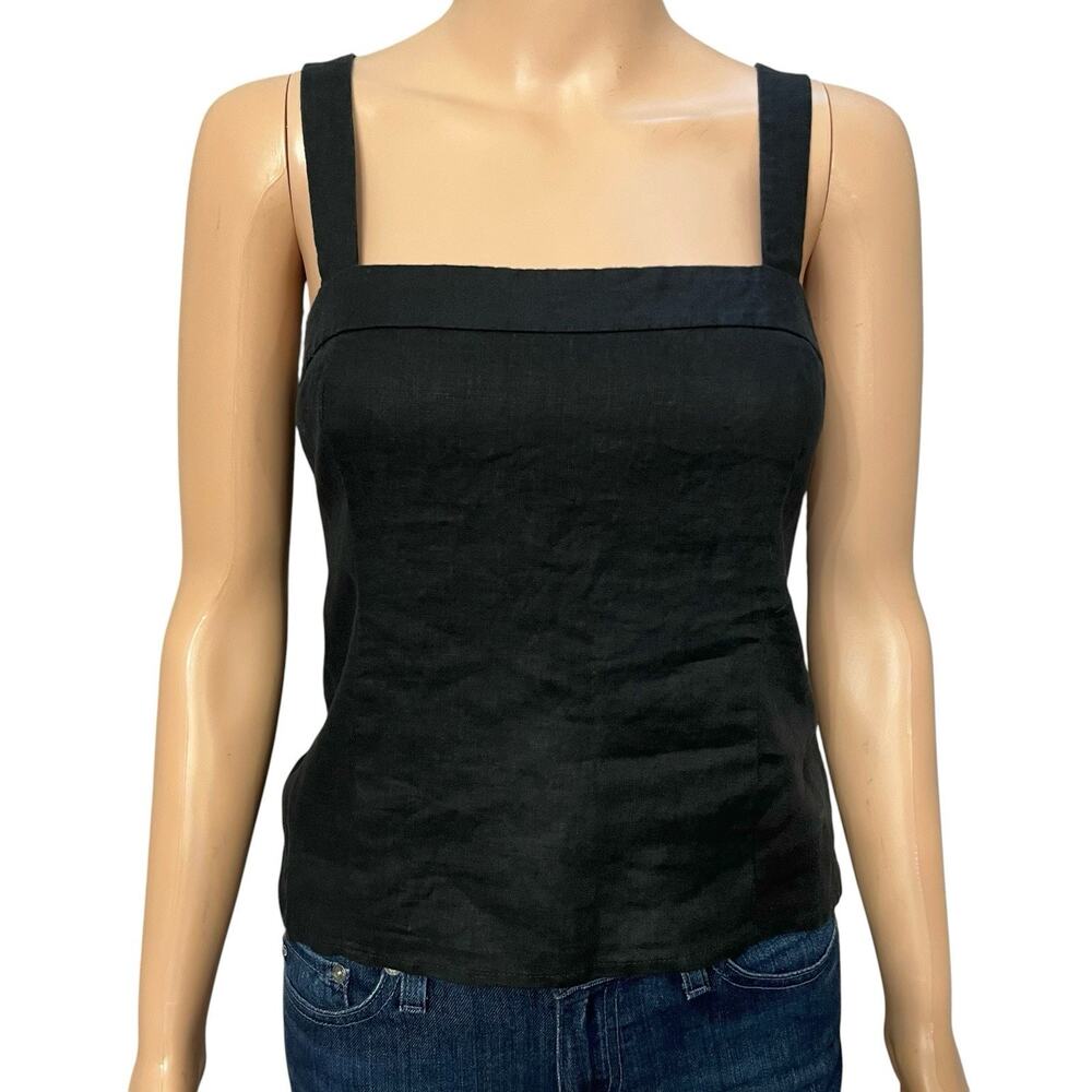 Quince 100% European Linen Fitted Tank Top Medium Square Neck Wide Strap Black